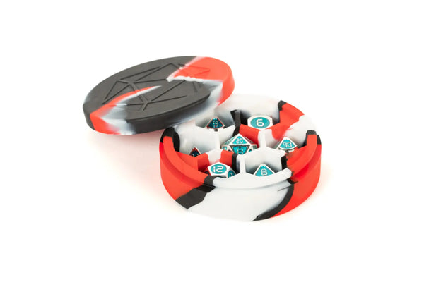 Dice Case - Metallic Dice Games - Silicone Round Dice Case - Red/Black/White