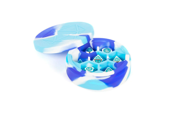 Dice Case - Metallic Dice Games - Silicone Round Dice Case - Blue/White/Light Blue