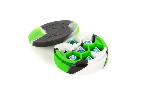 Dice Case - Metallic Dice Games - Silicone Round Dice Case - Green/Black/White