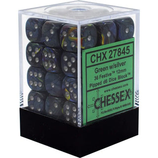 Dice - Chessex - D6 Set (36 ct.) - 12mm - Festive - Green/Silver
