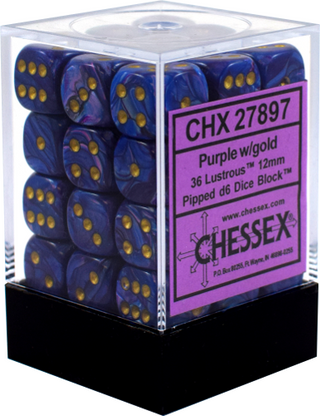 Dice - Chessex - D6 Set (36 ct.) - 12mm - Lustrous - Purple/Gold/Black