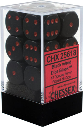 Dice - Chessex - D6 Set (12 ct.) - 16mm - Opaque - Black/Red