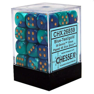 Dice - Chessex - D6 Set (36 ct.) - 12mm - Gemini - Blue/Teal/Gold