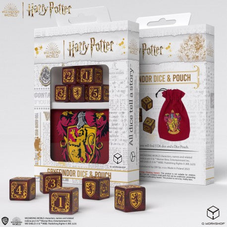 Dice & Dice Bag - Q-Workshop - D6 (5 ct.) - 16mm - Harry Potter - Gryffindor Dice & Pouch