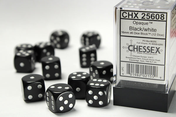 Dice - Chessex - D6 Set (12 ct.) - 16mm - Opaque - Black/White