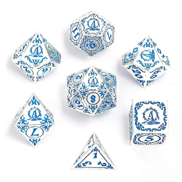 Dice - Hymgho - Polyhedral Set (7 ct.) - 16mm - Solid Metal - Silver with Blue - Wizard