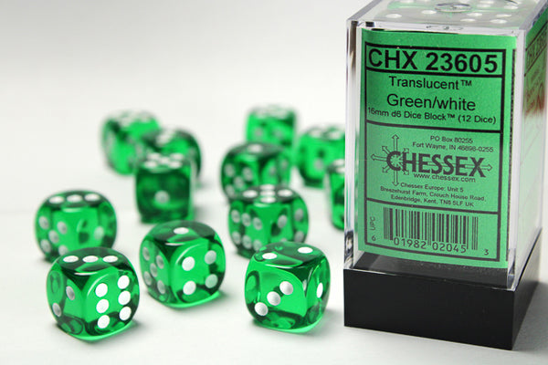 Dice - Chessex - D6 Set (12 ct.) - 16mm - Translucent - Green/White
