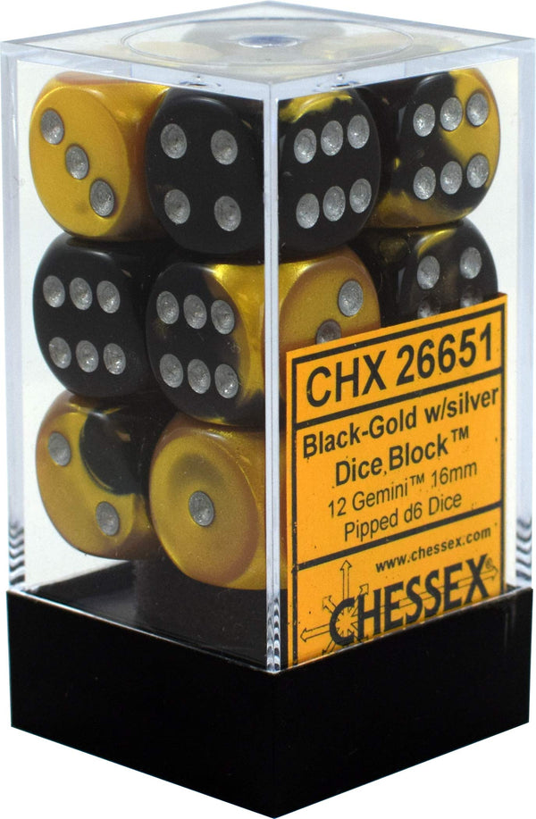 Dice - Chessex - D6 Set (12 ct.) - 16mm - Gemini - Black Gold/Silver