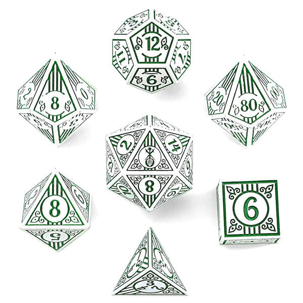 Dice - Hymgho - Polyhedral Set (7 ct.) - 16mm - Solid Metal - White with Green - Bard
