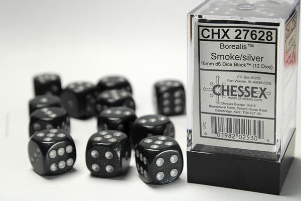 Dice - Chessex - D6 Set (12 ct.) - 16mm - Borealis - Smoke/Silver