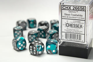 Dice - Chessex - D6 Set (12 ct.) - 16mm - Gemini - Steel Teal/White