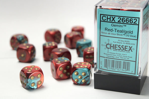 Dice - Chessex - D6 Set (12 ct.) - 16mm - Gemini - Red/Teal/Gold