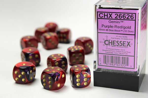 Dice - Chessex - D6 Set (12 ct.) - 16mm - Gemini - Purple Red/Gold