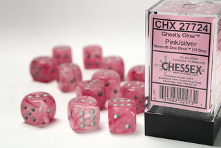 Dice - Chessex - D6 Set (12 ct.) - 16mm - Ghostly Glow - Pink/Silver