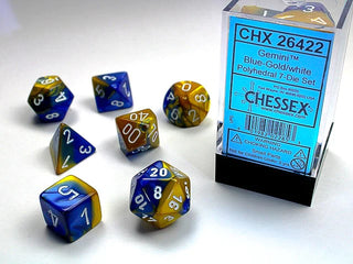 Dice - Chessex - Polyhedral Set (7 ct.) - 16mm - Gemini - Blue Gold/White