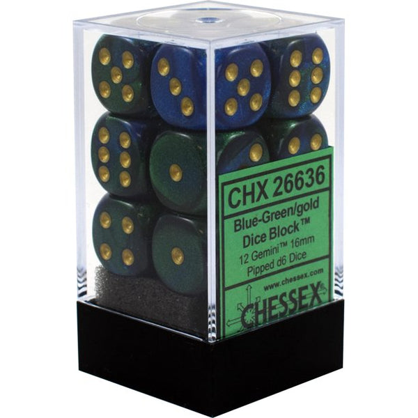 Dice - Chessex - D6 Set (12 ct.) - 16mm - Gemini - Blue Green Gold/Black