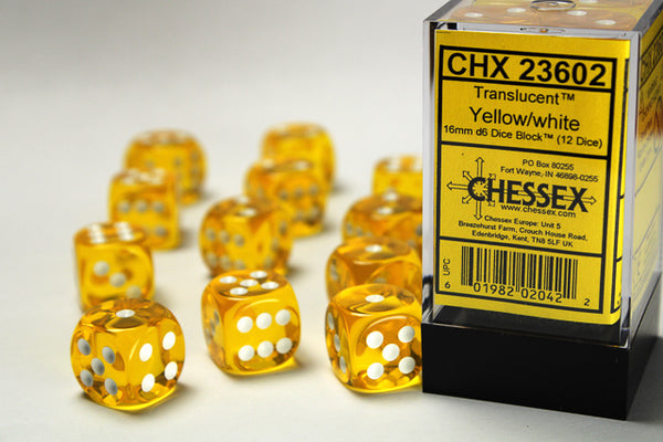 Dice - Chessex - D6 Set (12 ct.) - 16mm - Translucent - Yellow/White