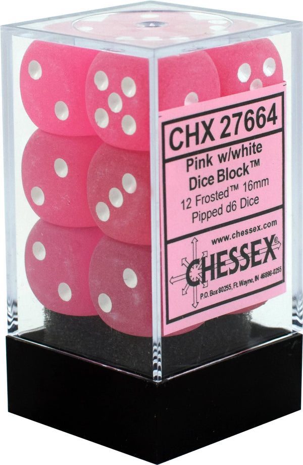 Dice - Chessex - D6 Set (12 ct.) - 16mm - Frosted - Pink/White