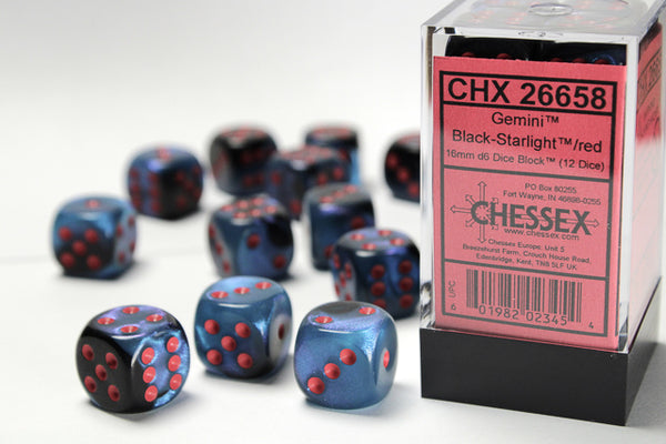 Dice - Chessex - D6 Set (12 ct.) - 16mm - Gemini - Black Starlight/Red