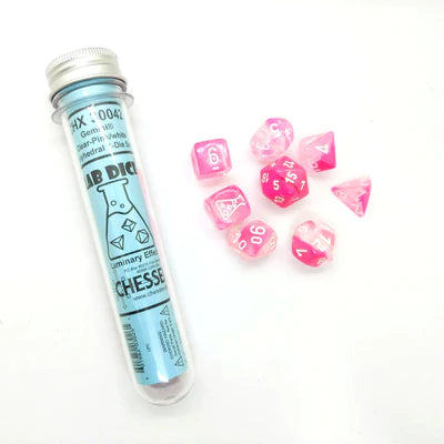 Dice - Chessex - Polyhedral Set (8 ct.) - 16mm - Lab Dice - Gemini - Clear/Pink/White