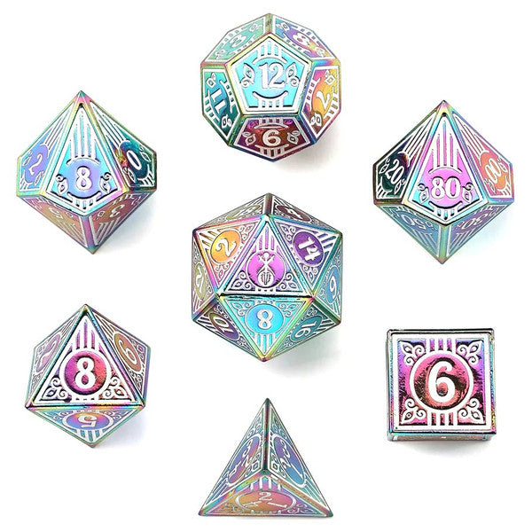 Dice - Hymgho - Polyhedral Set (7 ct.) - 16mm - Solid Metal - Rainbow with White - Bard