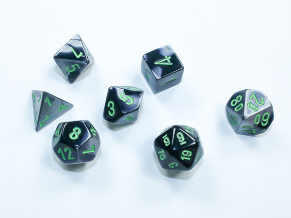 Dice - Chessex - Mini-Polyhedral Set (7 ct.) - Gemini - Black/Grey/Green