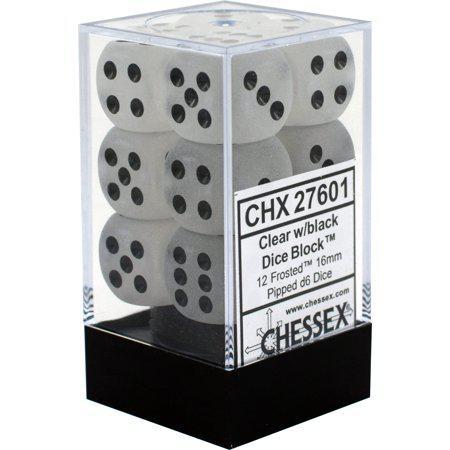 Dice - Chessex - D6 Set (12 ct.) - 16mm - Frosted - Clear/Black