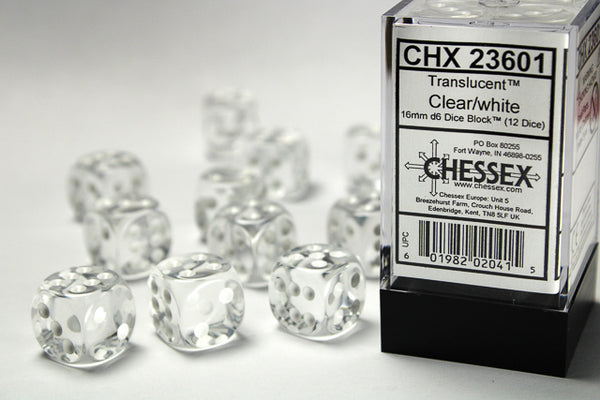Dice - Chessex - D6 Set (12 ct.) - 16mm - Translucent - Clear/White