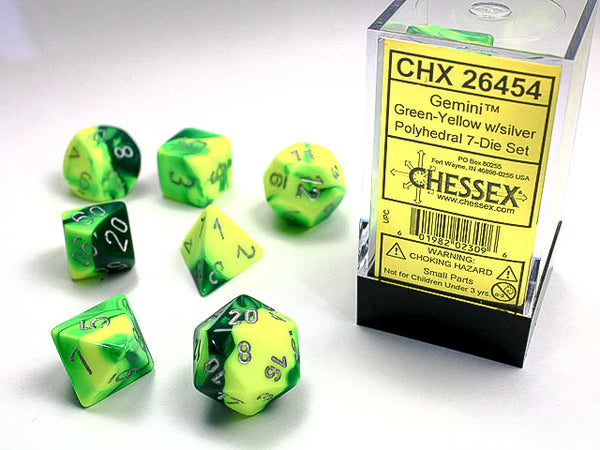 Dice - Chessex - Polyhedral Set (7 ct.) - 16mm - Gemini - Green Yellow/Silver