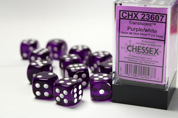 Dice - Chessex - D6 Set (12 ct.) - 16mm - Translucent - Purple/White