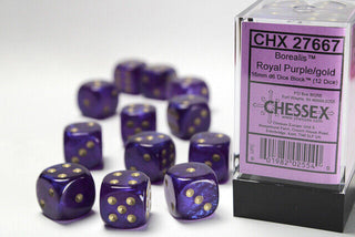 Dice - Chessex - D6 Set (12 ct.) - 16mm - Borealis - Royal Purple/Gold