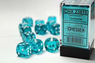 Dice - Chessex - D6 Set (12 ct.) - 16mm - Translucent - Teal/White