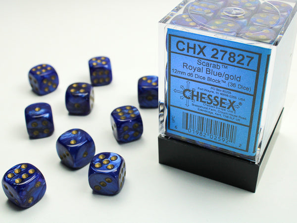 Dice - Chessex - D6 Set (36 ct.) - 12mm - Scarab - Royal Blue/Gold