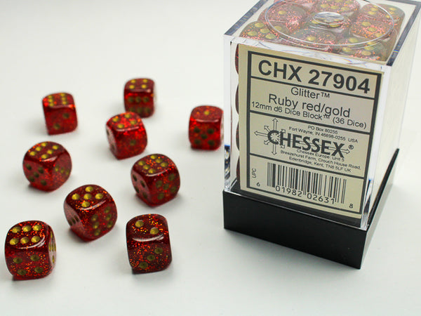 Dice - Chessex - D6 Set (36 ct.) - 12mm - Glitter - Ruby/Gold