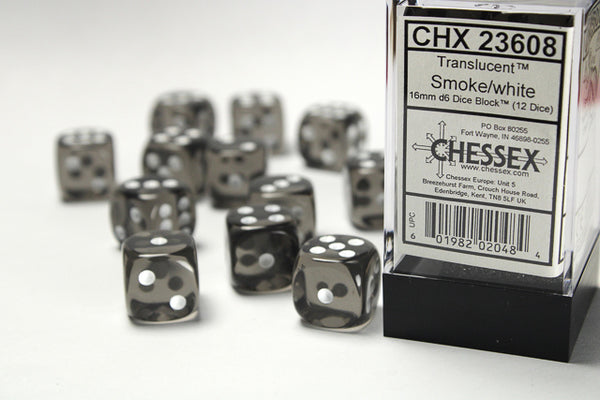 Dice - Chessex - D6 Set (12 ct.) - 16mm - Translucent - Smoke/White