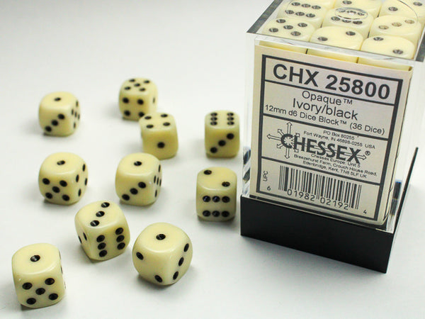 Dice - Chessex - D6 Set (36 ct.) - 12mm - Opaque - Ivory/Black