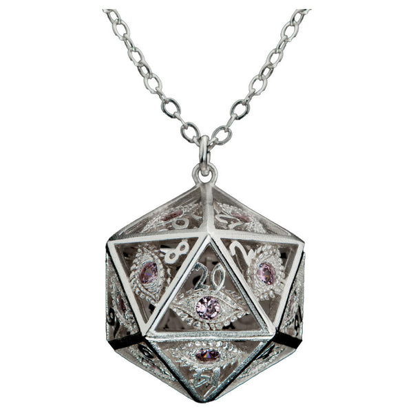 Dice - Hymgho - Dragon's Eye D20 Necklace - Silver with Pink Gems
