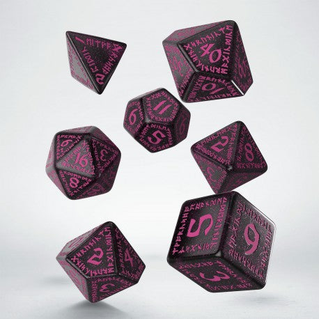 Dice - Q-Workshop - Polyhedral Set (7 ct.) - 16mm - Runic Dice Set - Black & Magenta