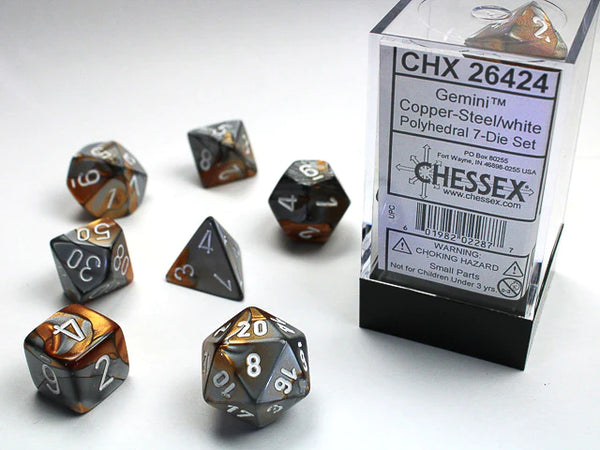 Dice - Chessex - Polyhedral Set (7 ct.) - 16mm - Gemini - Copper Steel/White