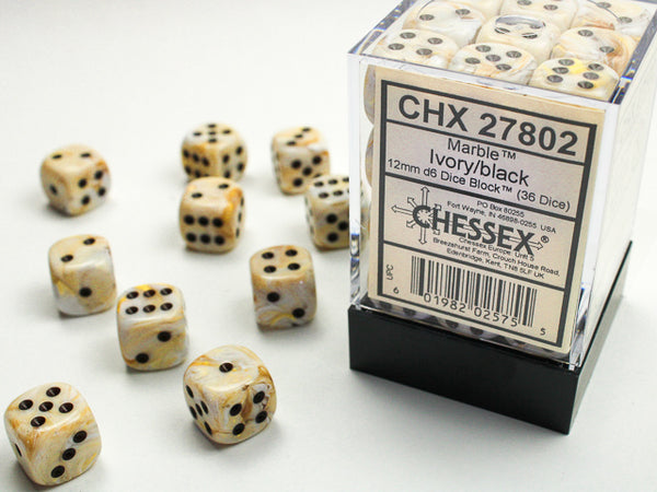 Dice - Chessex - D6 Set (36 ct.) - 12mm - Marble - Ivory/Black