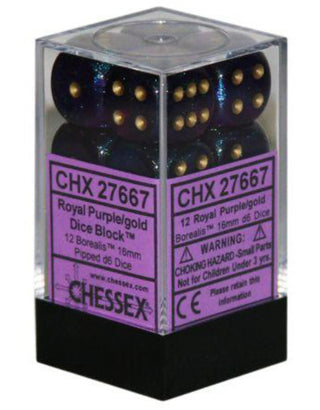 Dice - Chessex - D6 Set (12 ct.) - 16mm - Borealis - Royal Purple/Gold