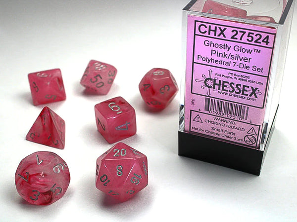 Dice - Chessex - Polyhedral Set (7 ct.) - 16mm - Ghostly Glow - Pink/Silver