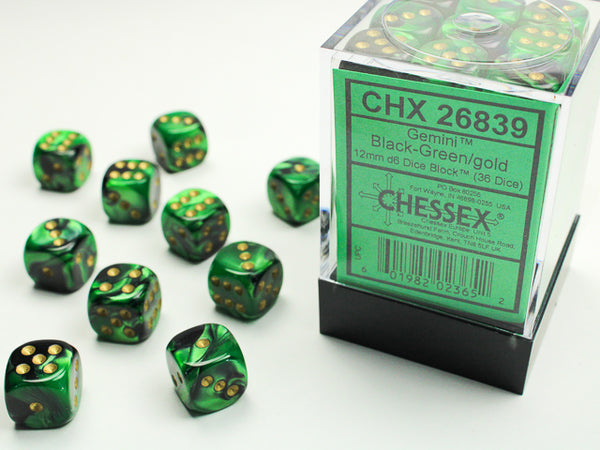 Dice - Chessex - D6 Set (36 ct.) - 12mm - Gemini - Black Green/Gold
