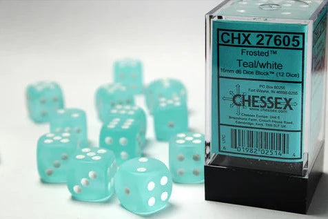 Dice - Chessex - D6 Set (12 ct.) - 16mm - Frosted - Teal/White