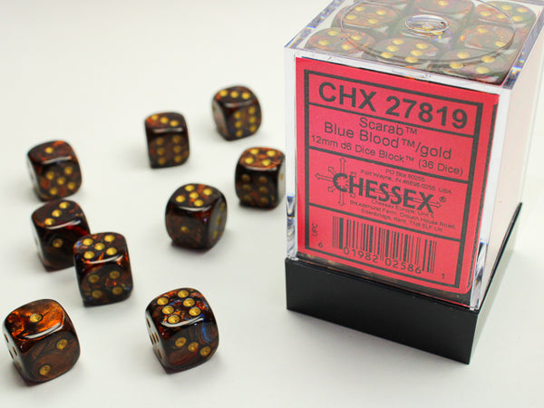Dice - Chessex - D6 Set (36 ct.) - 12mm - Scarab - Blue/Blood/Gold