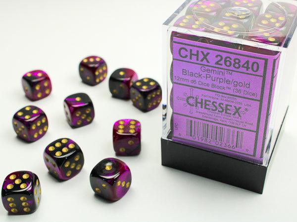 Dice - Chessex - D6 Set (36 ct.) - 12mm - Gemini - Black Purple/Gold