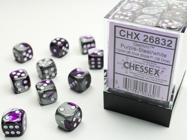 Dice - Chessex - D6 Set (36 ct.) - 12mm - Gemini - Purple Steel/White