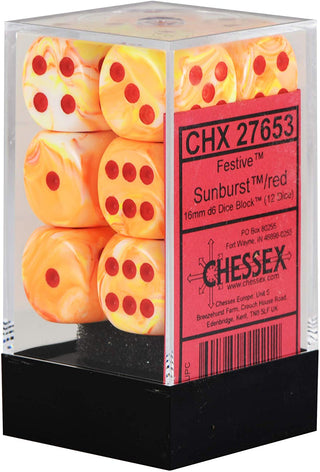 Dice - Chessex - D6 Set (12 ct.) - 16mm - Festive - Sunburst/Red
