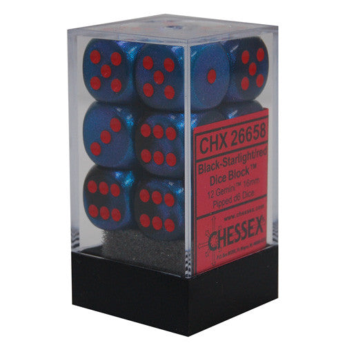 Dice - Chessex - D6 Set (12 ct.) - 16mm - Gemini - Black Starlight/Red