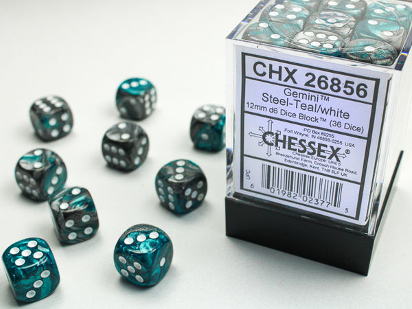 Dice - Chessex - D6 Set (36 ct.) - 12mm - Gemini - Steel Teal/White